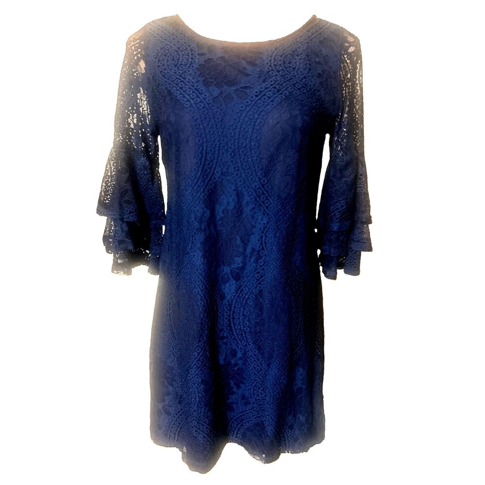 Miami Lace Floral Navy Blue Ruffle Tiered 3/4 Sleeves Peekaboo Mini Dress Sz 2